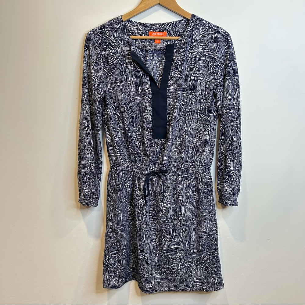 Joe Fresh Dress Womens Navy Blue White Paisley Print Long Sleeve V Neck Casual